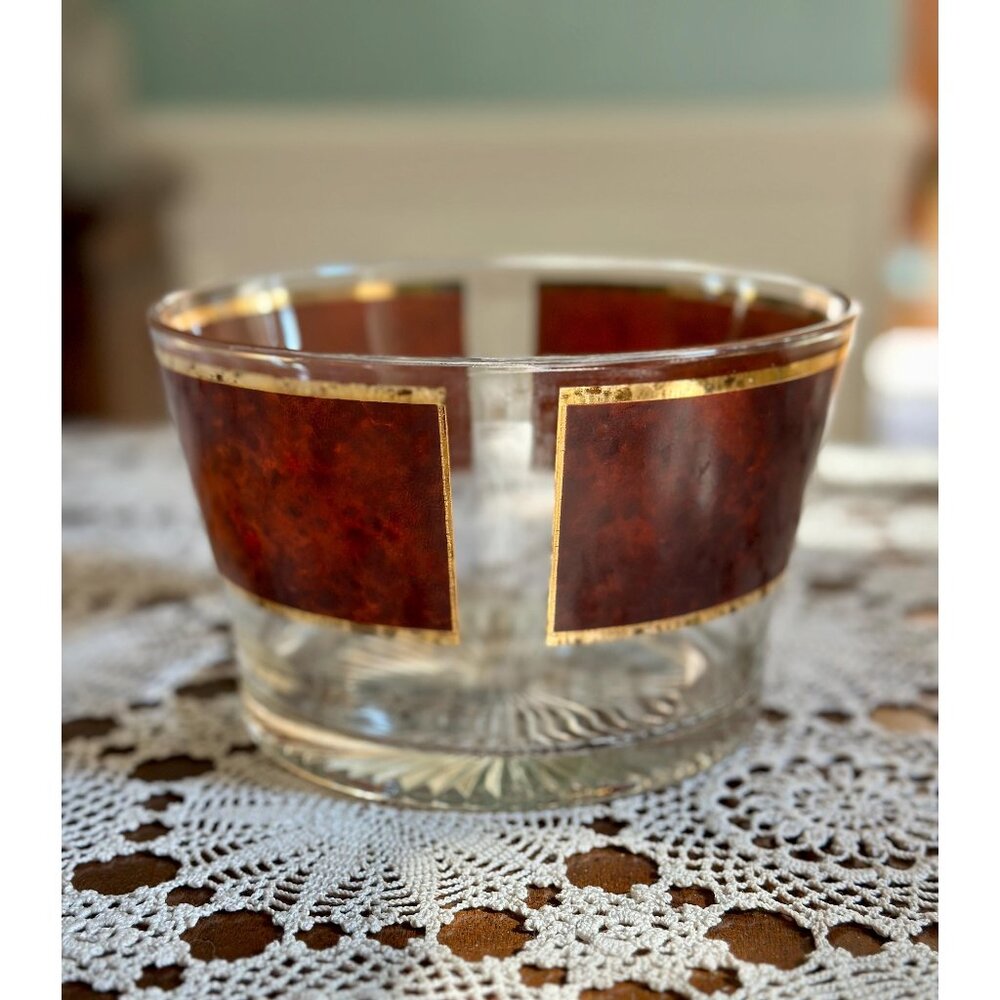 MCM Culver glass ice bucket in tortoise pattern with star cut base